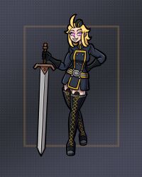  archfolie blonde_hair boots bravely_default bravely_second corruption edea_lee enemy_conversion female_only femsub gloves glowing_eyes hat heart_eyes high_heels military_uniform simple_background smile solo sword symbol_in_eyes thighhighs 