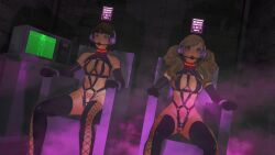  ann_takamaki blonde_hair breasts brown_hair censored chair collar crotch_tattoo eye_color_change female_only femsub gag harness headphones koikatsu! makoto_niijima multiple_girls multiple_subs opera_gloves persona_(series) persona_5 pink_eyes progress_indicator restrained smoke text thighhighs totalsun twintails 