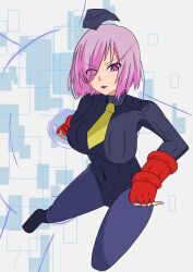  absurdres barenaitoomotte bodysuit eyebrows_visible_through_hair fate/grand_order fate_(series) female_only femsub fingerless_gloves gloves glowing glowing_eyes hair_covering_one_eye hat lipstick mashu_kyrielight midriff navel pink_eyes pink_hair shadaloo_dolls shield short_hair simple_background solo street_fighter tie 