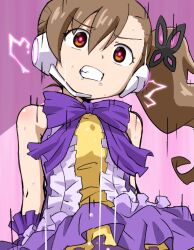  bare_shoulders bow bow_tie brown_eyes brown_hair chou-soku_henkei_gyrozetter corruption dress drool electricity femsub gloves glowing_eyes hair_ornament headphones hitsugi_mc inaba_rinne loli pink_background resisting side_ponytail simple_background tech_control trembling 