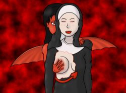 black_hair changer demon_girl female_only femdom groping monster_girl nun red_skin succubus tail wings