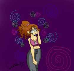 brown_hair drool female_only pants shyker solo spiral spiral_eyes symbol_in_eyes