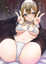  aki_hoshimiya_(artist) ass bikini blue_eyes blush brown_hair cleavage confused expressionless female_only femsub headdress heart_eyes large_breasts long_hair necklace nun open_mouth original solo 