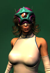 3d alien bare_shoulders breasts brown_hair dc_comics expressionless face_mask female_only femsub gloves green_background large_breasts leotard original parasite simple_background solo starro super_hero white0wlsuperheroine white_owl