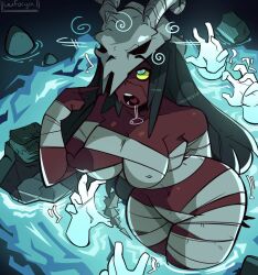  bandage brain_drain dark_skin drool erect_nipples large_breasts midriff one_breast_out open_mouth silent_(slay_the_spire) slay_the_spire spiral_eyes thick_thighs uuforya 