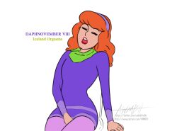 awmbh daphne_blake dress female_only femsub hairband long_hair open_mouth orange_hair orgasm red_hair scooby-doo_(series) simple_background solo stage_hypnosis text tongue tongue_out western white_background