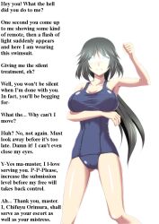  angry black_hair blush breasts caption female_only femsub glowing glowing_eyes icontrol_(manipper) infinite_stratos kuroda_ariake large_breasts looking_at_viewer manip one-piece_swimsuit orimura_chifuyu ponytail resisting school_swimsuit swimsuit tech_control text white_background 