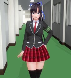  3d before_and_after black_hair blue_eyes breasts custom_maid_3d_2 dfish303 female_only high_heels looking_at_viewer ponytail ribbon school_uniform skirt socks solo standing thighhighs tie tongue 