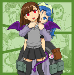  blue_eyes blue_hair border brown_hair caspi chin_hold clothed comic complex_background corruption demon_girl dress empty_eyes eyebrows_visible_through_hair fairy_musketeers female_only femdom femsub glasses green_background hair_ornament hypnotized_hypnotist limp long_hair multiple_girls open_mouth red_eyes right_to_left ringo_kinoshita_(fairy_musketeers) shirayukihime_(fairy_musketeers) shirt short_skirt skirt smile sweat sweater tail tears thighhighs transformation wings yuri 