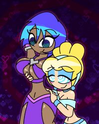 alternate_costume aqua_(kingdom_hearts) arm_warmers arms_above_head aura bare_shoulders blonde_hair blue_eyes blue_hair blush bracelet choker cinderella cinderella_(movie) cleavage consensual dancer dancing dark_skin disney earrings eyelashes eyeshadow femdom femsub happy_trance harem_outfit headband heart hypnoscream kingdom_hearts kingdom_hearts_birth_by_sleep kneeling large_breasts loincloth love midriff navel shiny_hair shiny_skin short_hair sideboob smile spiral_background spiralwash_eyes square_enix story tied_hair underboob wide_hips yuri