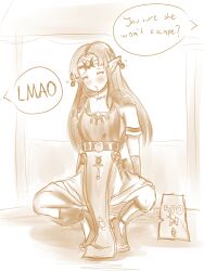  a_link_between_worlds blush clothed dazed dialogue drool earrings expressionless female_only femsub headband long_hair monochrome nintendo open_mouth princess_zelda public_use simple_background smeef solo spread_legs squatting text the_legend_of_zelda unfocused_eyes 