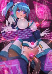 bangs belt blue_eyes blue_hair blush bodysuit bottomless breast_sucking capcom censored corruption dazed drool empty_eyes female_only femsub gloves gummy1024 hacking headphones hologram large_breasts megaman_(series) megaman_x_(series) microphone milking_machine open_mouth pussy_juice rico_(megaman_x_dive) robot_girl sex_machine short_hair side_ponytail skirt solo tentacle_sex tentacles torn_clothes tubes vaginal