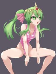  drool elf_ears empty_eyes erect_nipples erect_nipples_under_clothes female_only femsub fire_emblem green_eyes green_hair grey_background haigure hair_ornament leotard nintendo open_mouth quarter_r18 rubber simple_background solo spread_legs swimsuit tiki_(fire_emblem) tongue tongue_out twintails unaware 