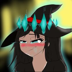 aura black_hair blazy69 blush character_request control_indicator corruption crown eye_color_change eyelashes femsub glowing_eyes green_eyes hat league_of_legends long_hair maledom original possession ruination tagme viego_(league_of_legends) witch_hat
