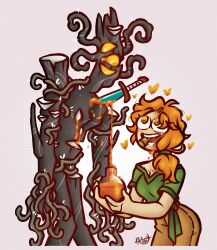  absurdres alex_(minecraft) clothed femsub glowing glowing_eyes heart hyp3nny hypnotic_liquid leaning_forward long_hair minecraft monster orange_eyes orange_hair pants shirt signature standing sword white_background yellow_eyes 