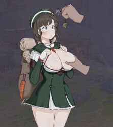  backpack blush breast_grab breasts brown_hair cleavage coin confused dress empty_eyes eyebrows_visible_through_hair femsub genshin_impact groping hahyaha hair_buns hat large_breasts outdoors pendulum phantom_hand short_skirt standing tie zhiqiong_(genshin_impact) 