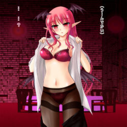  blush bottomless bra breasts demon_girl elf_ears empty_eyes expressionless femsub koakuma large_breasts lingerie long_hair monster_girl open_clothes panties pantyhose pink_hair succubus text topless touhou translated underwear undressing wings yumi398 