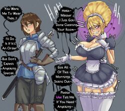  armor beehive_hair before_and_after bimbofication blonde_hair breast_expansion brown_hair corruption femsub maid maid_headdress moffin original text thighhighs transformation 