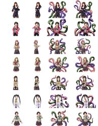 absurdres before_and_after black_hair black_sclera blonde_hair braid brown_hair comic corruption expressionless female_only femsub lab_coat long_hair red_eyes school_uniform short_hair tentacles twin_braids twintails xx_of_the_dead