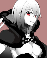 akihi497 alternate_costume black_nail_polish breasts ciel_(tsukihime) cleavage cloak corruption eye_color_change femsub grey_hair looking_at_viewer maledom michael_roa_valdamjong monochrome nail_polish possession red_eyes short_hair simple_background smile tsukihime vampire white_skin