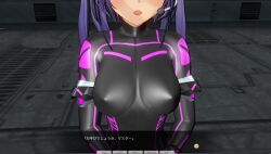  3d blush bodysuit breasts custom_maid_3d_2 cyber-sexaroid_(dndniwana3s) dialogue erect_nipples erect_nipples_under_clothes female_only femsub headphones japanese_text microphone open_mouth original purple_hair rubber solo swallow774 twintails 