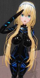  3d before_and_after blonde_hair blue_eyes bodysuit custom_maid_3d_2 cyan_eyes cyber-sexaroid_(dndniwana3s) empty_eyes female_only femsub headdress hidoi_koto_suru_man large_breasts latex looking_at_viewer mitsuba_greyvalley open_mouth rubber saluting standing super_robot_wars tears twintails 
