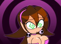 bare_shoulders brown_hair choker cleavage earrings femsub green_eyes hypnoscream megaman_(series) megaman_legends_(series) purple_background ring_background spiral spiral_eyes symbol_in_eyes tron_bonne