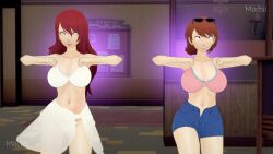  3d bikini bouncing_breasts brown_hair chicken_pose english_text female_only femsub happy_trance koikatsu! large_breasts lunastra mitsuru_kirijo mochi_dance persona_(series) persona_3 purple_eyes red_hair text video yukari_takeba 