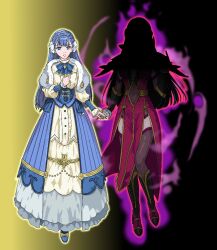  arm_warmers aura before_and_after blue_eyes blue_hair boots corruption corset dress fire_emblem fire_emblem_echoes hair_ornament isobe_roll jewelry long_hair long_nails long_skirt nail_polish nintendo ribbon rinea_(fire_emblem) see-through shoes simple_background thighhighs thighs witch 