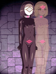  black_hair blonde_hair bodysuit cameltoe coco_(witch_hat_atelier) collar control_collar crotch_tattoo expressionless female_only femsub glowing_eyes icelee latex mask multicolored_eyes navel nipples nude pink_eyes rubber short_hair small_breasts solo standing tight_clothing witch_hat_atelier yellow_eyes 