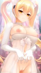 blonde_hair blush breasts censored clothed_exposure divine_gate empty_eyes female_only femsub gloves hairband happy_trance huge_breasts irori jewelry lingerie looking_at_viewer navel nipples orange_eyes origin:machina pussy ring see-through smile solo twintails wedding_dress wedding_ring yellow_eyes