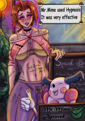  ass body_writing breasts clothed_exposure delia_ketchum drool femsub glowing glowing_eyes harem_outfit hypnoxenoid maledom milf mr._mime nintendo pokemon pokemon_(anime) pokemon_(creature) pussy pussy_juice sweat tagme text trembling 