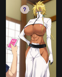  0byte abs aware bleach blonde_hair breasts cell_phone cleavage erect_nipples femsub hand_on_hip huge_breasts large_hips maledom navel pants phone short_hair standing tech_control text thick_thighs tier_harribel tomboy translated 