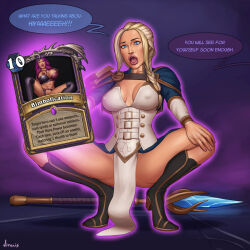 bimbofication blonde_hair blue_eyes boots bottomless breasts cleavage dialogue erect_nipples female_only femsub glowing hearthstone huge_breasts jaina_proudmoore large_breasts large_lips magic purple_hair sasha_banks side_ponytail spread_legs squatting text topless vitalis warcraft world_of_warcraft