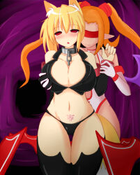 animal_ears blindfold blonde_hair blush breasts cameltoe cat_girl character_request collar dazed demon_girl elf_ears empty_eyes femdom femsub gloves groping holding_breasts large_breasts monster_girl open_mouth opera_gloves orange_hair ponytail tattoo thighhighs twintails wings yuri
