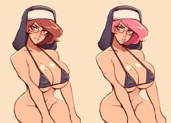  absurdres before_and_after bimbofication bottomless bra breasts brellom brells_(brellom) brown_hair cleavage collarbone female_only femsub large_breasts looking_at_viewer navel nun original pink_eyes pink_hair short_hair simple_background sitting smile transformation 