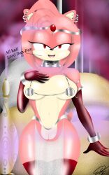 absurdres amy_rose bracelet breasts clothed_exposure earrings female_only femsub furry gloves harem_outfit hedgehog_girl hypnotic_gas jewelry looking_at_viewer lorddandan micro_bikini midriff opera_gloves pussy see-through solo sonic_the_hedgehog_(series) text thighhighs venus_bikini