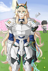  alerith armor barghest_(fate) black_hair blonde_hair chains command_seal crown drool fate/grand_order fate_(series) femsub gauntlets green_eyes happy_trance leggings maledom multicolored_eyes open_mouth outdoors signature simple_background smile standing standing_at_attention very_long_hair yellow_eyes 