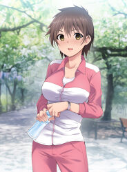  absurdres altered_common_sense blush breasts brown_hair cleavage collarbone comic empty_eyes female_only femsub happy_trance huge_breasts jacket kaiga kirigami_aori pants saimin_appli_ver._666 short_hair smile solo teacher thick_thighs 