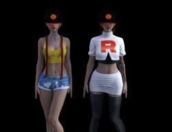3d absurdres bare_shoulders cleavage collarbone crossover dor_15 expressionless female_only femsub glowing_eyes hypnovideotoo jean_shorts jessie large_breasts large_hips meet_the_robinsons misty navel nintendo pokemon shorts simple_background skirt standing standing_at_attention tattoo tech_control thighhighs unaware