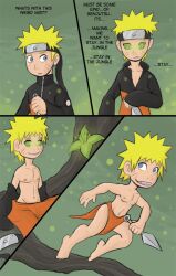 age_regression barefoot blonde_hair blue_eyes comic dialogue feet flower green_eyes happy_trance hypnotic_flower loincloth male_only malesub mr.h naruto_(series) naruto_uzumaki open_mouth ring_eyes  smile text topless undressing