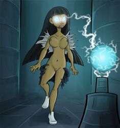 black_hair bottomless breasts dark_skin electricity femsub glowing glowing_eyes hypnotic_orb magic mr.h nude open_clothes open_mouth original topless torn_clothes very_long_hair