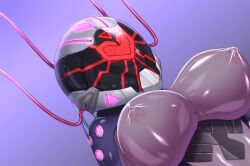 cables corruption erect_nipples erect_nipples_under_clothes female_only femsub garoo_hoshi gradient_background helmet large_breasts latex nipples original purple_background rubber see-through solo tech_control wires