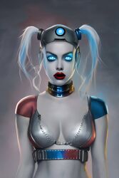    ai_art breasts cleavage dc_comics female_only femsub fortunadoe_(generator) harley_quinn helmet looking_at_viewer mouth_hold open_mouth red_lipstick solo symbol_in_eyes tech_control 