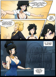 black_hair blonde_hair comic dress kobi94 large_breasts necklace original suit suspenders text wine