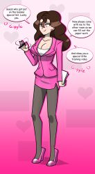  brown_hair cleavage clothed collarbone earrings english_text female_only femsub high_heels hy2300 hypnotized_hypnotist lipstick miniskirt nail_polish office_lady simple_background speech_bubble spiral_eyes text tights 