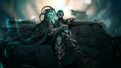 alternate_costume clothed control_indicator corruption crossed_legs crown expressionless eye_color_change glowing glowing_eyes green_eyes hair_color_change jadon-cheah jhin_(league_of_legends) league_of_legends maledom malesub mask pale_skin possession ruination sitting smoke viego_(league_of_legends)
