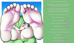  barefoot blush caption edensnake_(manipper) feet female_only femdom foot_focus foot_worship furry gardevoir glowing glowing_eyes green_hair happy_trance looking_at_viewer love manip nintendo pokemon pokemon_(creature) pov pov_sub psychic purple_eyes rali-arts short_hair smile text tongue tongue_out 
