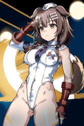 ai_art arm_bands breasts brown_eyes brown_hair capcom dakini_tencho_(generator) dog_ears empty_eyes expressionless femsub fingerless_gloves gloves hair_ornament hat hololive inugami_korone large_breasts leotard navel saluting see-through shadaloo_dolls street_fighter tie twin_braids virtual_youtuber