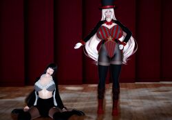  absurdres airi_murayama black_hair breasts cleavage dazed empty_eyes expressionless femdom femsub hand_on_hip honey_select_2 huge_breasts kneeling large_breasts long_hair open_clothes open_mouth smile stage_hypnosis thighhighs tomoe_mori top_hat white_hair 